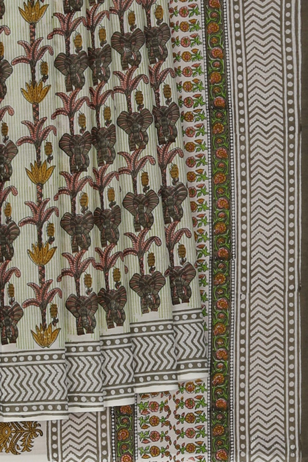 Image of Green Grey Sanganeri Hand Block Printed Saree